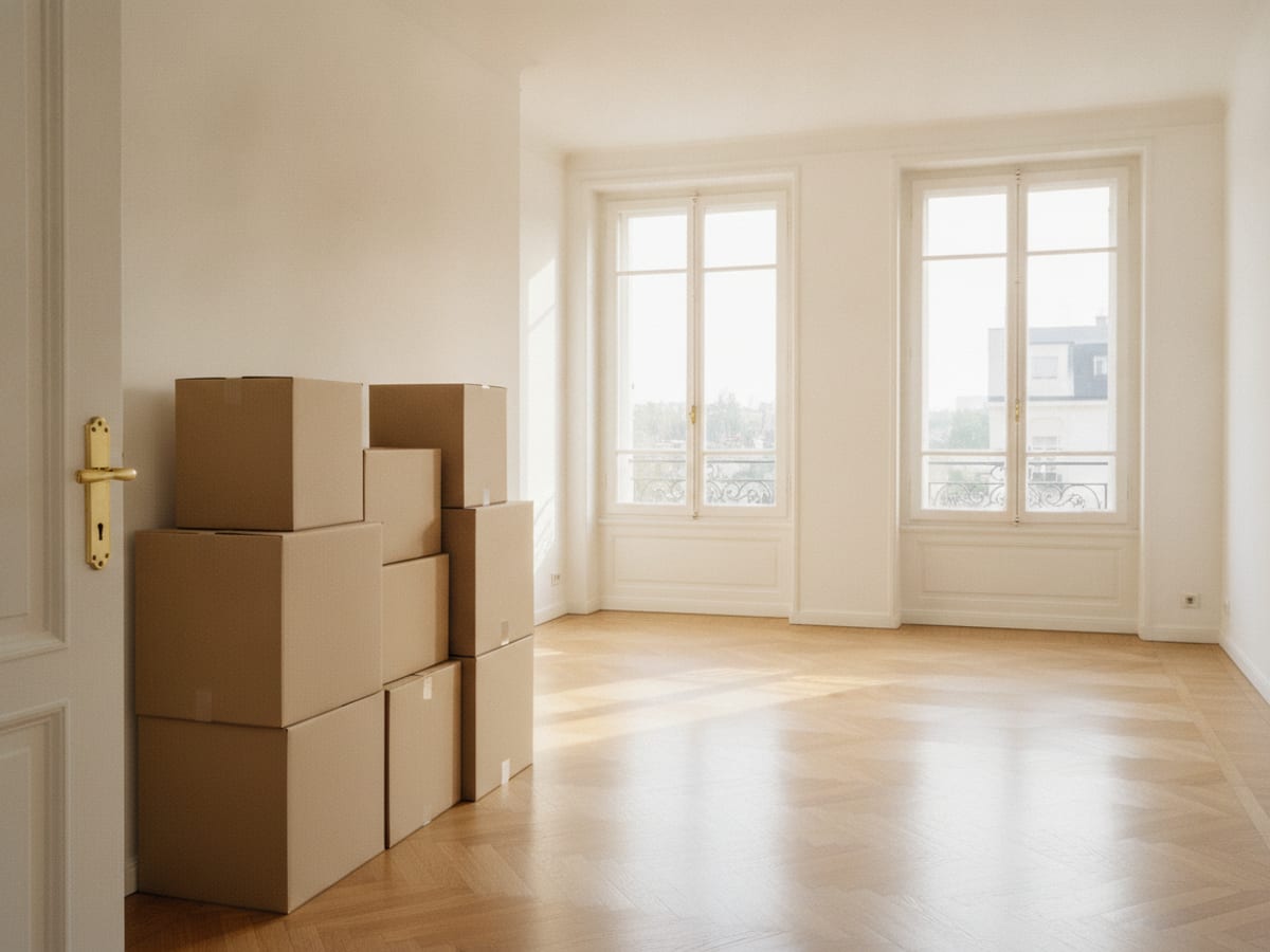 Cartons de déménagement rangés dans un couloir ensoleillé