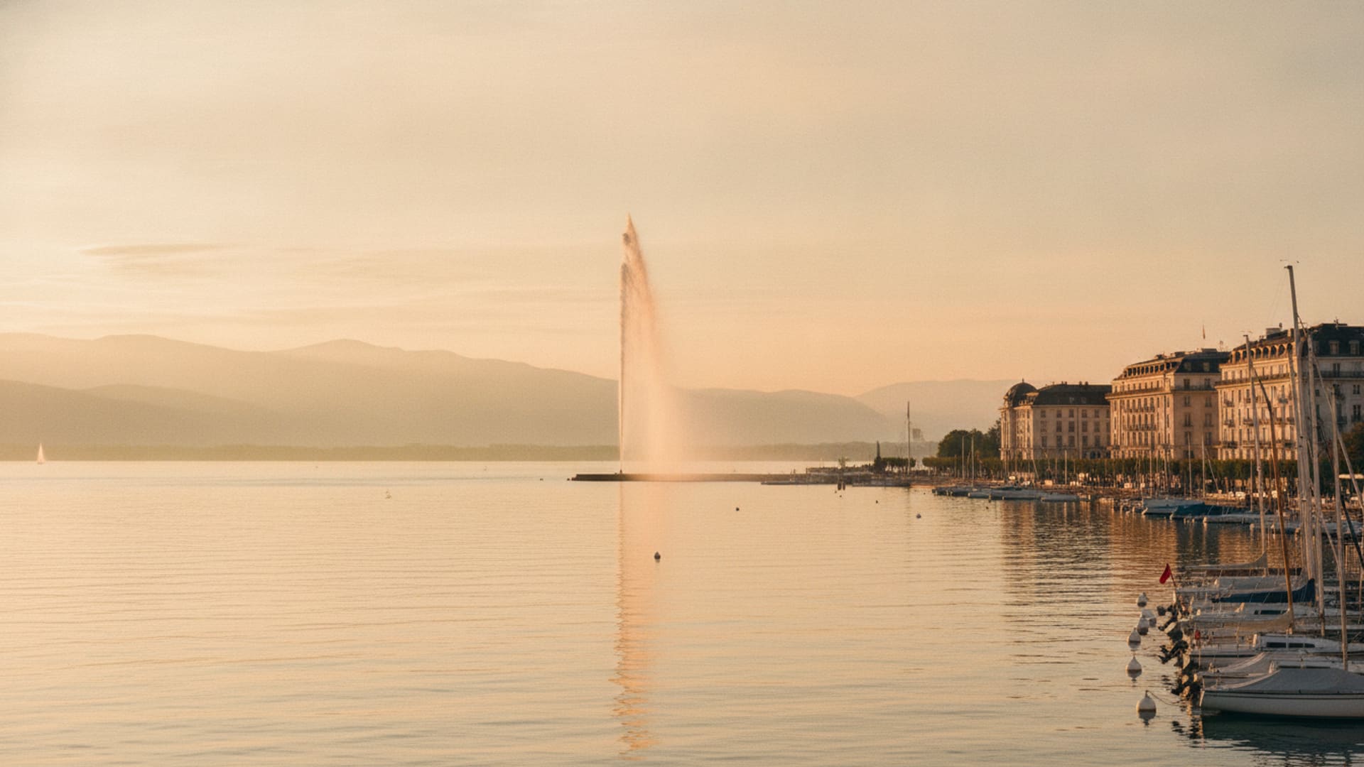 Le Jet d'eau de Genève sur le lac Léman au coucher du soleil